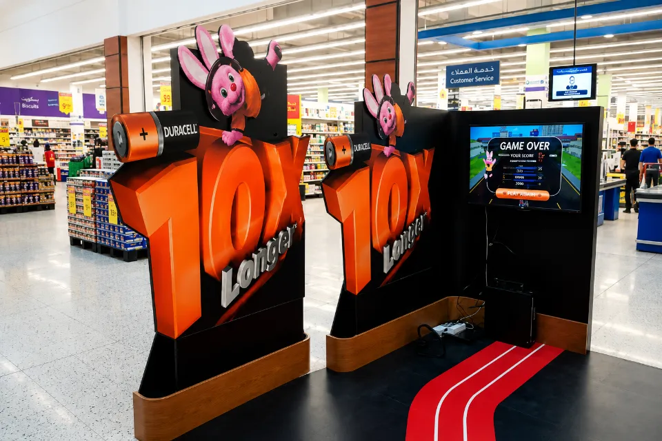 Giant Duracell mockups with a branded mascot in a hypermarket