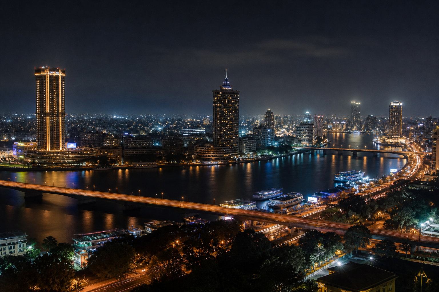 Cairo skyline along the Nile at night