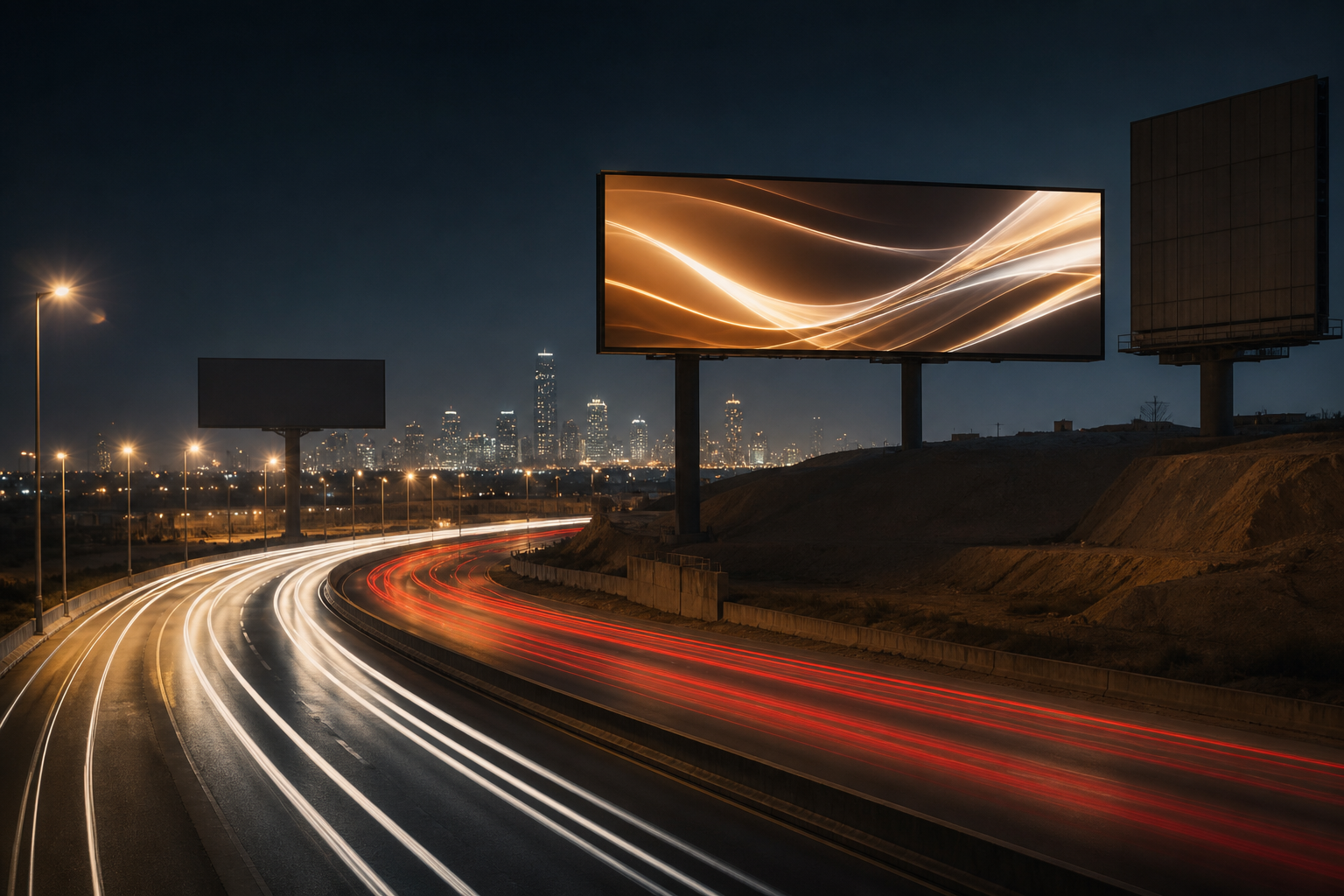 Cairo highway at night with large outdoor billboards and digital screens