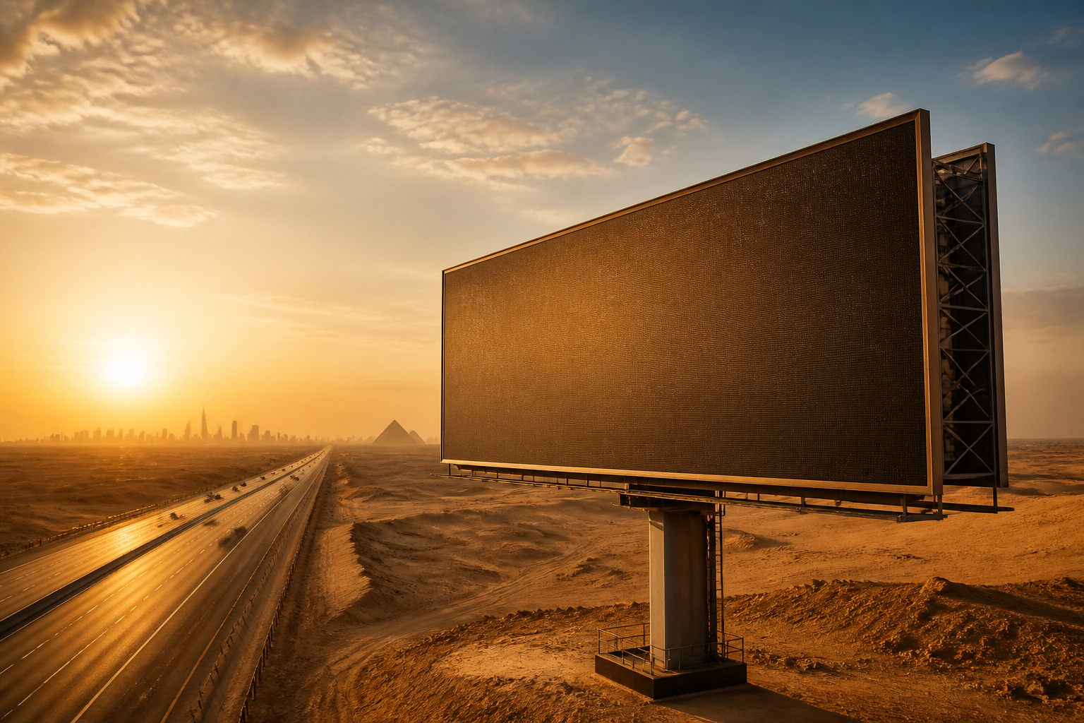 Large outdoor billboard structure beside an Egyptian highway at sunset