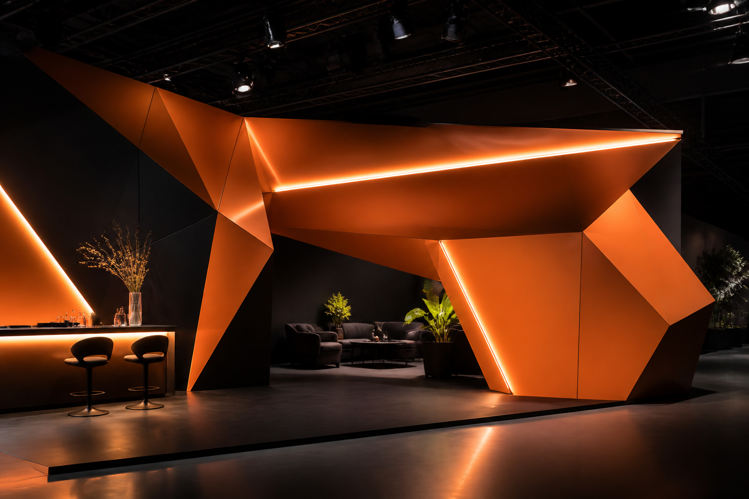 Sculptural exhibition booth with geometric orange panels and dramatic lighting