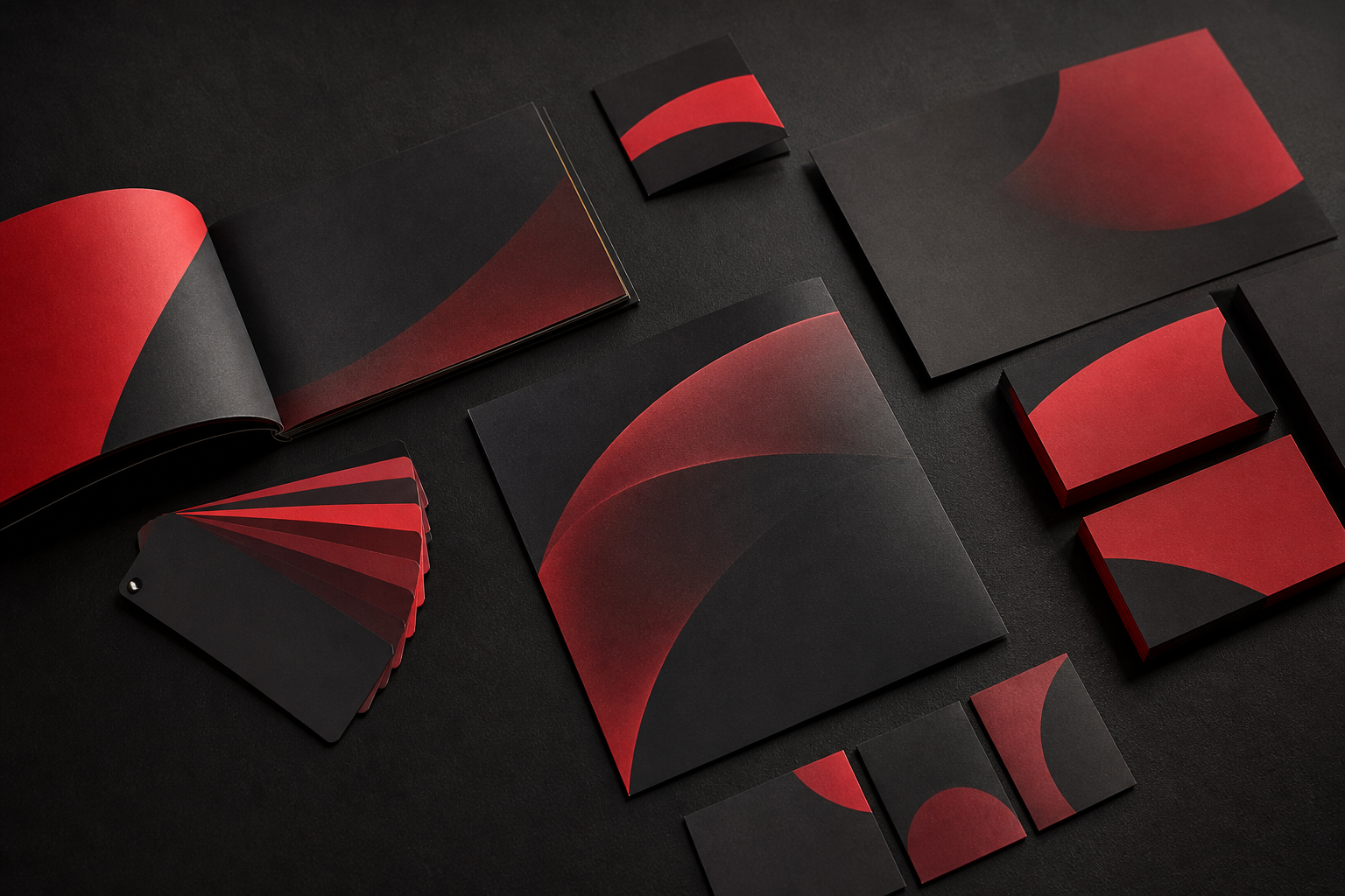 Premium printed promotional materials arranged on a studio table