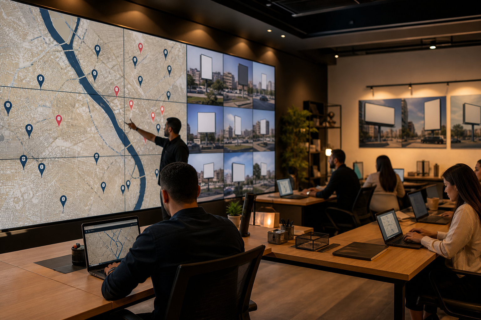 Campaign planning workspace with maps and media layouts
