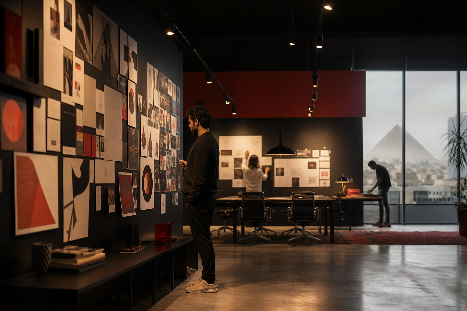 Creative studio with campaign boards and focused lighting