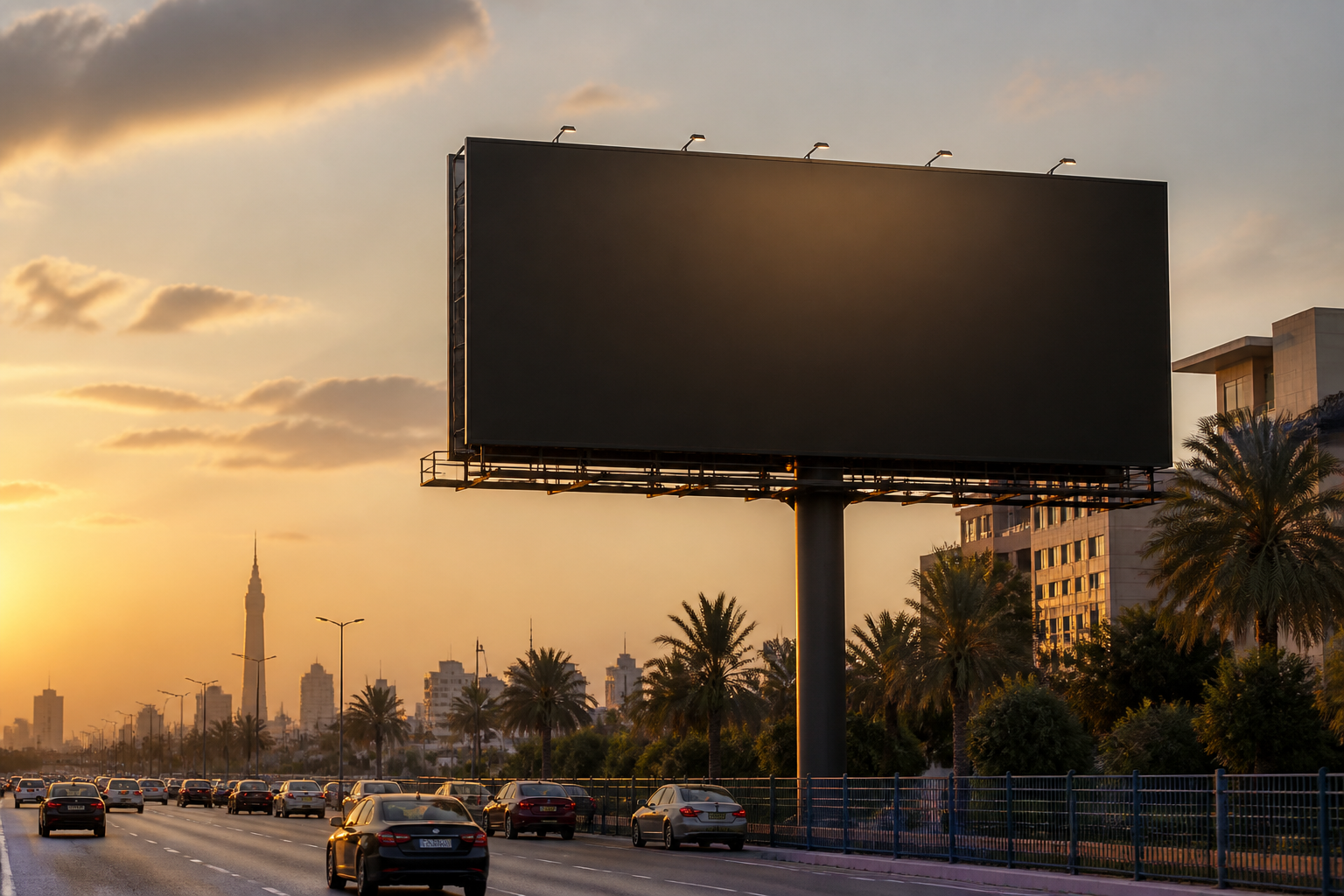 Roadside outdoor billboard along a Cairo highway at golden hour