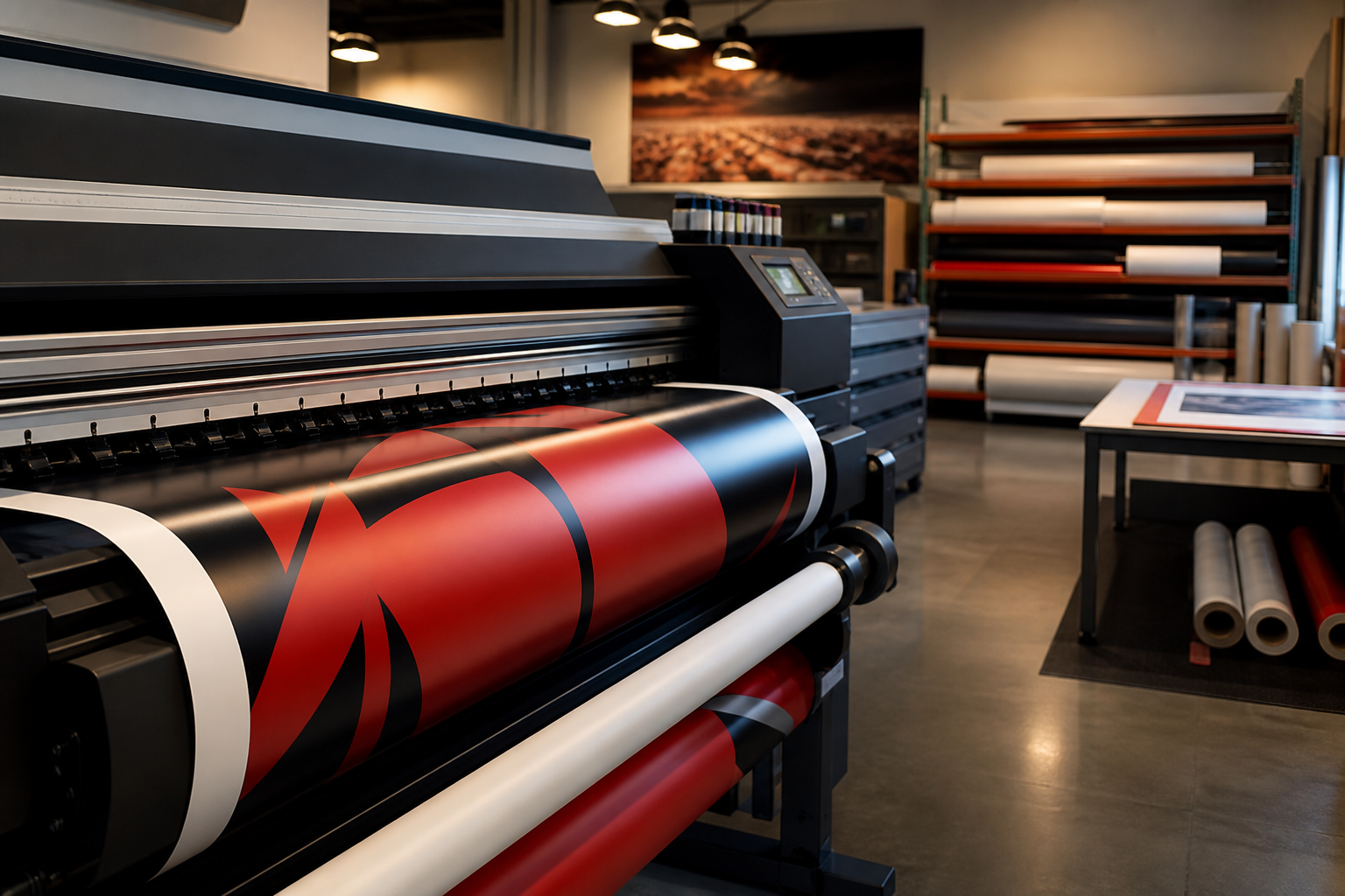 Large-format printer producing outdoor advertising materials